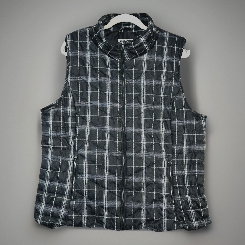 Bagatelle Collection Womens Plus 1X Quilted Puffer Vest Black Gray Plaid Warm